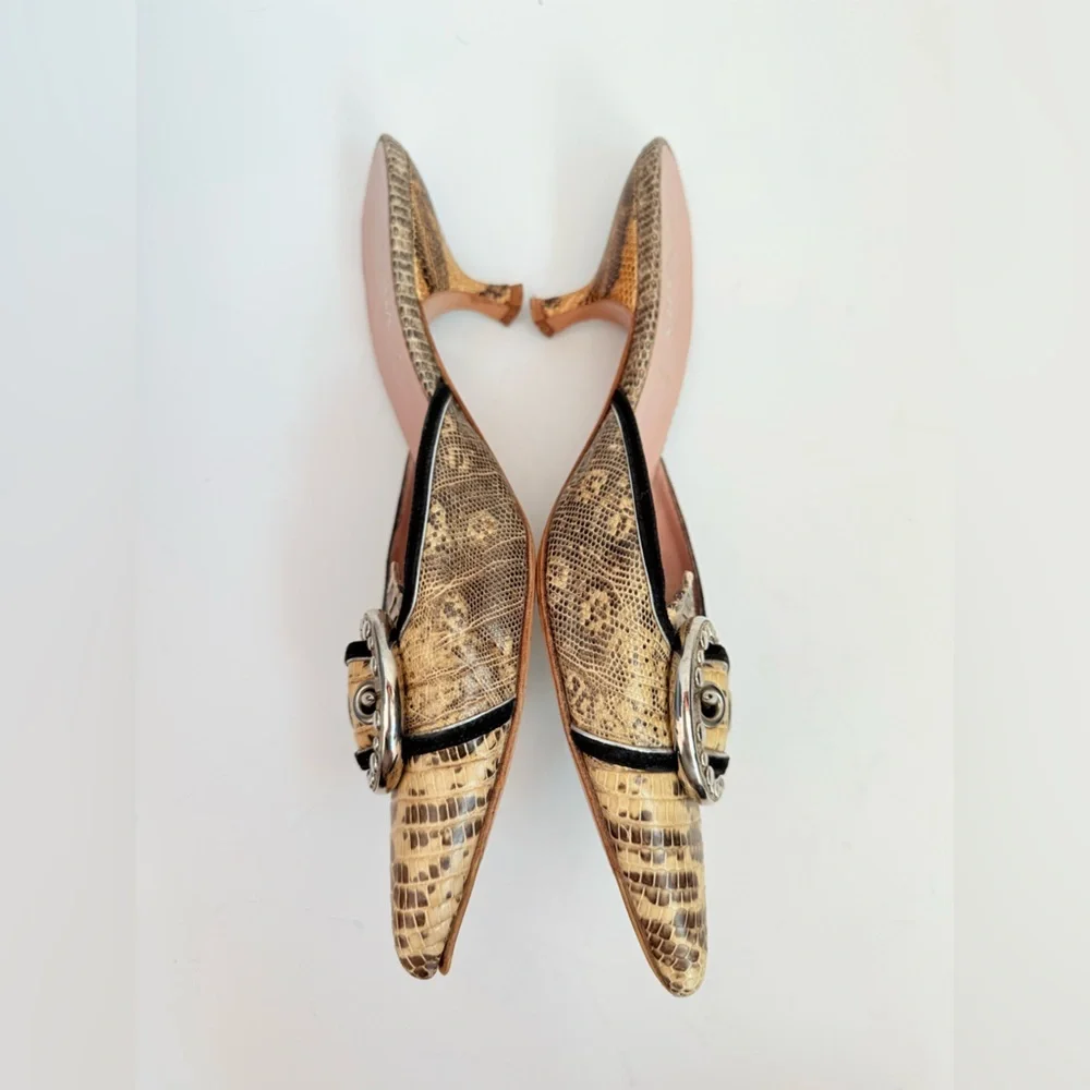 Prada Beige/ Tan Python snakeskin Vintage Buckle Embellished Kitten mules EU37.5 - Picture 4 of 8